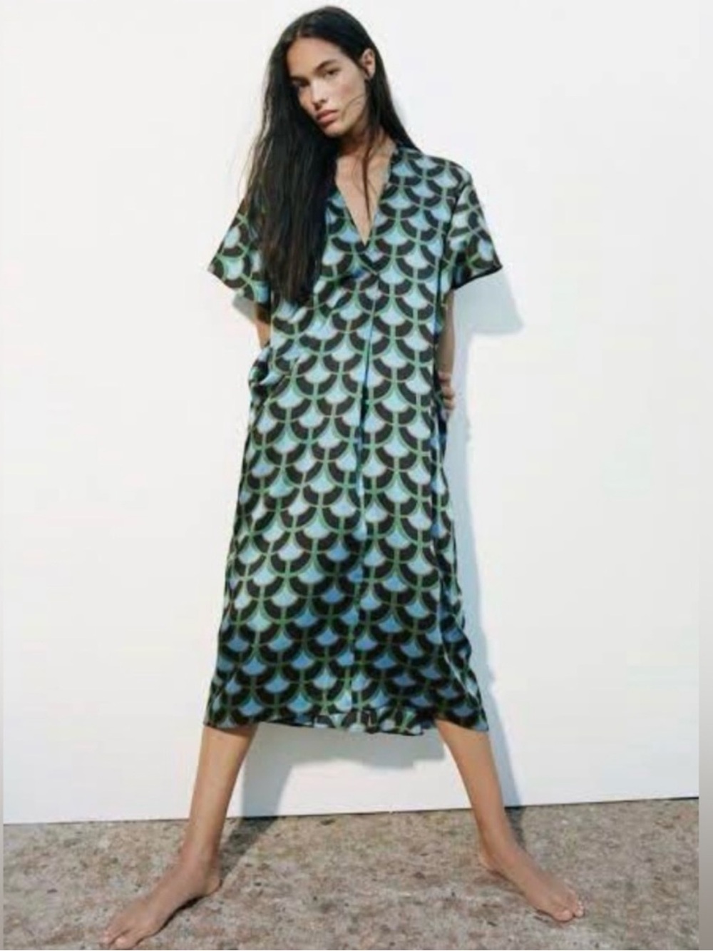 NWOT Zara Size XS Geometric Print Midi Kaftan Dress